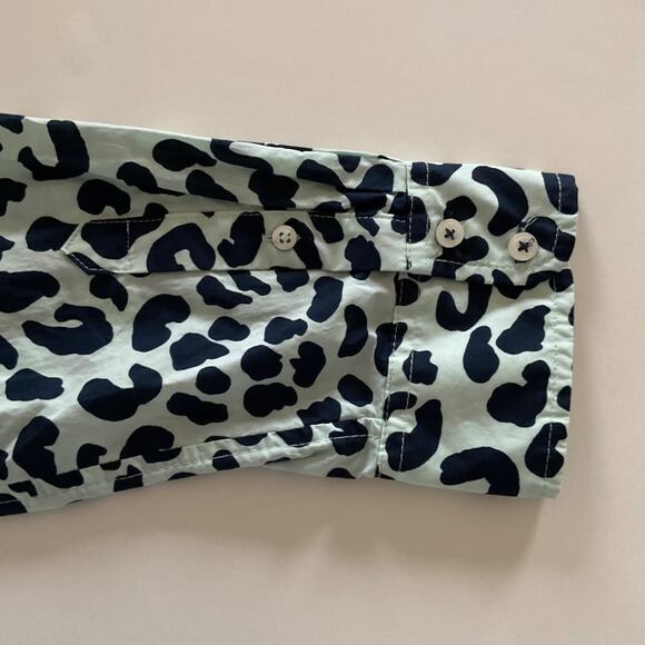 Talbots Sz L Mint Green & Navy Graphic Cheetah Classic Cotton Button Up Shirt - Picture 5 of 10